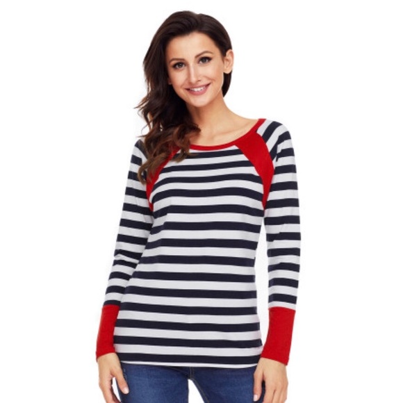 🍭 Plus Red Accent Navy Striped Long Sleeve Top - Picture 2 of 8